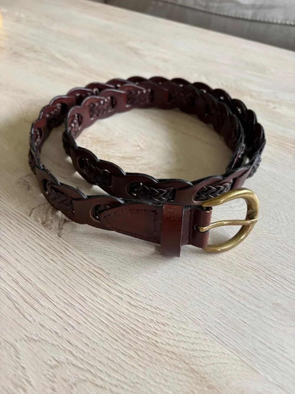 Vintage Style Brown Woven Belt Brass Tone Buckle | Braided Boho Waist Belt Small